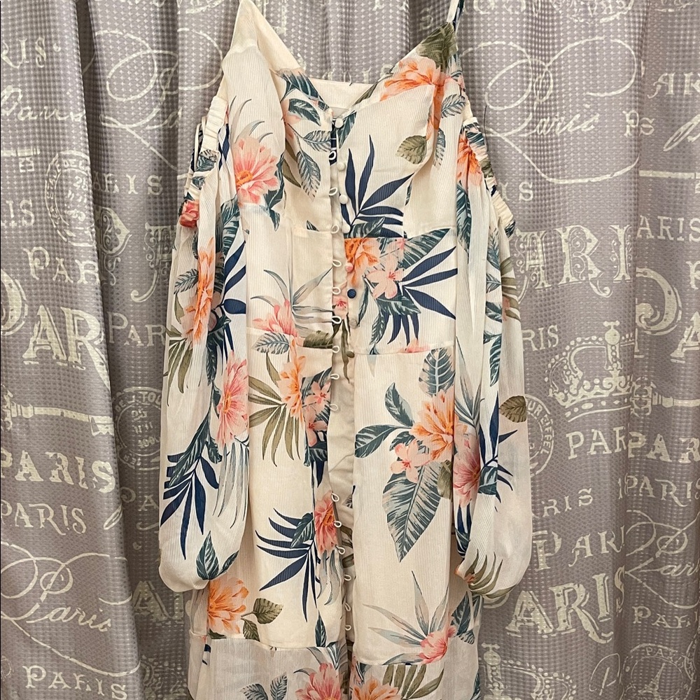 Guess Floral Long Sleeve Dress - Cream and Green
